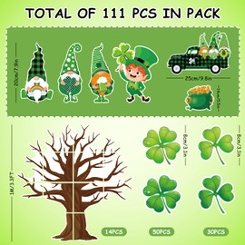 Whaline 111Pcs St. Patrick's Day Shamrock Tree Cutout Spring Classroom Bulletin Board Decor Green Clover Gnome Truck Leprechaun Cut Outs with 200Pcs Glue Points for School Chalkboard Wall Supplies