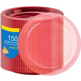 WELLIFE Neon Red Party Plates 9 Inch -150 Count, Translucent Red Plastic Disposable Dinner Neon Plates for Fluorescent Neon Theme Party Dessert Cake Salad Appetizers Easter Mother's Day