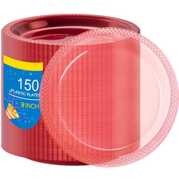 WELLIFE Neon Red Party Plates 9 Inch -150 Count, Translucent