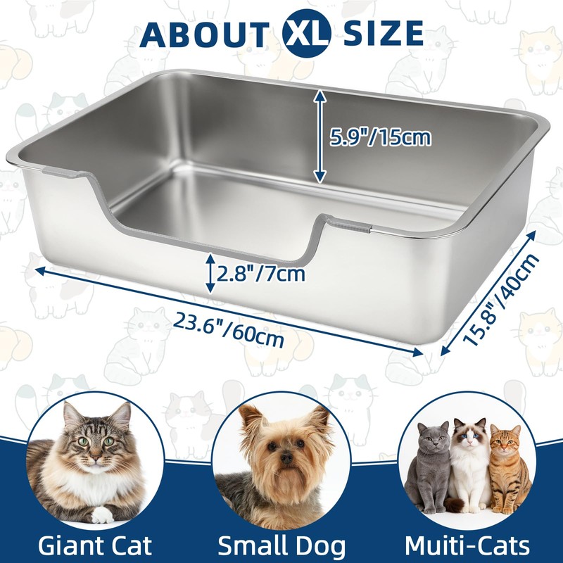 FHTONGE Low Entry Thickened Stainless Steel Cat Litter Box, 23.6x15.8