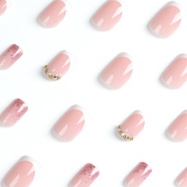 French Tip Press On Nails Coffin Medium Short Square Fake Nails Nude White Glitter Designs Acrylic Glossy Stick Glue on Nails Full Cover False Nails for Women JP2708