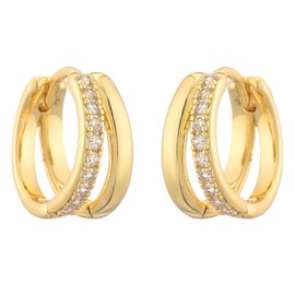 HUARJO 14K Gold Plated Small Double Hoop Earrings,Cubic Zirconia Diamond Studded Huggie Earrings for Women. (Double Hoop-Gold)
