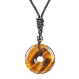 Neyisaa Natural Round Stone Donut Necklace for Women Men, Hand Made Healing Crystal Lucky Pendant Necklaces Adjustable 18-29 Inches, Tiger's Eye Stone