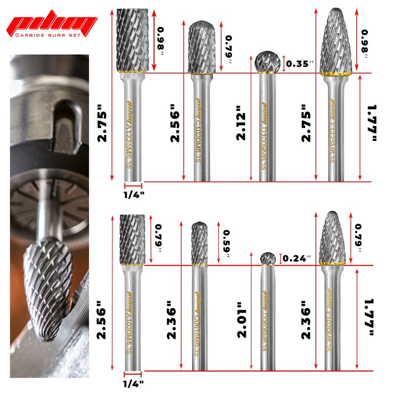 Tungsten Carbide Burr Set 1/4" Shank 8PC Double Cut Rotary