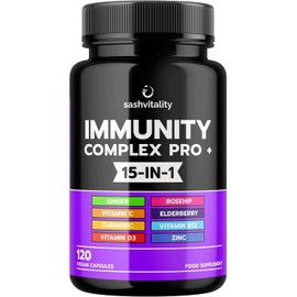 SASH Vitality Immune Booster– 120 Vegan Capsules with Vitamin D3, Zinc, Elderberry, Iron, B12, C, Turmeric, Selenium, Garlic, Probiotics, and more. Complete Immune Support Complex.