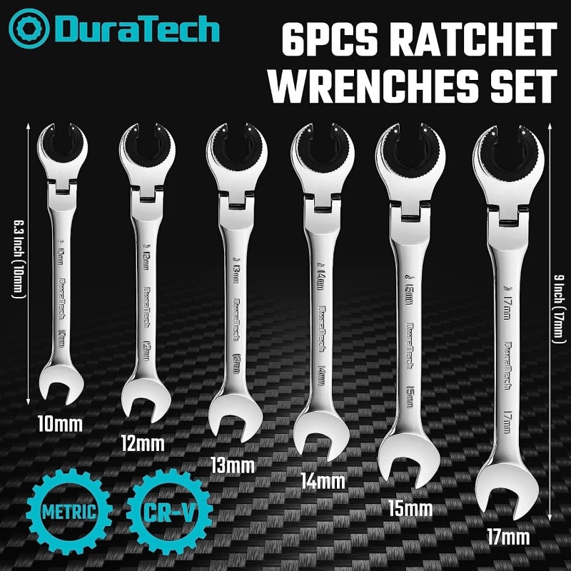 DURATECH 6-Piece Ratcheting Wrench Set w/Open Flex-head Metric w/Organizer Bag