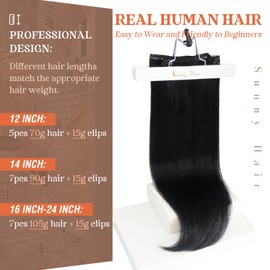 Sunny Hair Clip in Hair Extensions Human Hair Invisible Clip in Hair Extensions Real Human Hair Straight Hair Extensions for Women 12inch Jet Black