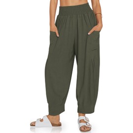 TARSE Women Linen Pants Summer Casual Loose High Waist Palazzo Harem Pants 2024 Beach Travel Vacation Outfits, ArmyGreen, XL