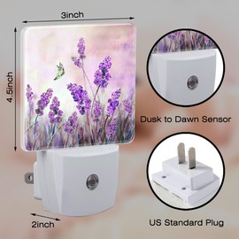 sndheke Purple Lavander Flowers Butterfly Night Light Plug into Wall,Watercolor Lavander Floral Dusk to Dawn Night Light,0.5w Energy Saving Sleep Friendly Nightlights for Kids Boys Girls Home