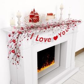 Valentines Day Garland for Mantel, 6FT Spring Garland & Valentines Day Centerpiece for Table, Red Pink Heart Garland and Berry Garland for Wedding Party Valentine's Day Decorations.
