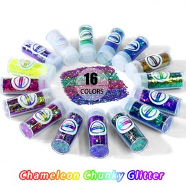 Renfio Chameleon Chunky Glitter, 16 Colors Color Shift Resin Glitter Set Each 10g/0.35oz Chameleon Flakes for Resin Sequins Color Change Glitter for Crafts Nail Art Tumblers Painting