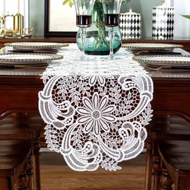 auons White Crochet Lace Table Runner Dresser Scarf Daisy Floral Macrame Table Runner Farmhouse for Home Banquet Wedding Coffee Buffet Table Decor, 12 x 55 Inch