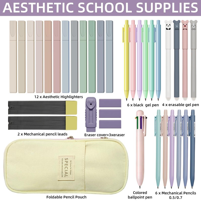 Dacono School Supply Set with Stationery Case, Pastel Highlighters, Gel