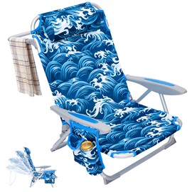 #WEJOY Folding Beach Chair for Adults, 4-Position Aluminum Lightweight Beach Chair, Low Beach Chairs with Shoulder Strap, Cup Holder and Padded Headrest, Supports 265lbs for Beach Lawn, Darkblue/White