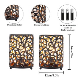 JHY DESIGN 2er Set Batteriebetriebene Lampe 16 cm Hoch mit 6-Stunden-Timer Metall Tischlampe Vintage Schnurlose Lampen LED-Batterielaterne Laterne Nachttischlampe für Deko Indoor Outdoor (Schwarz)