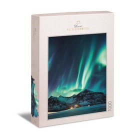 Ulmer Puzzleschmiede - Puzzle "Schauspiel der Nacht" - Classic 1000 Piece Scandinavia Puzzle - Imposing Northern Lights in the Long Night - Premium Landscape Puzzle Made in Germany