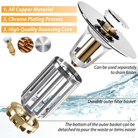 Anlige Bathroom Sink Drain Strainer, 3 in 1 Pop Up Bathroom Sink Stopper with Removable Brass Filter Basket Hair Catcher, Universal Sink Plug for 1.1 to 1.6in Drain Hole, Chrome Silver