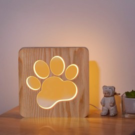 CooPark Dog Paw Wood Bedside Lamp, 3D Optical Cute Puppy Footprint Night Light, Cartoon Hollow Design Bedroom Decor for Children Kids, Animal LED Reading Study Desk Table Light
