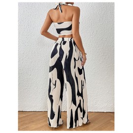 OYOANGLE Women's 2 Piece Outfits Graphic Print Knitted Crop Halter Top and Wide Leg Pants Set Black Small