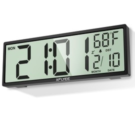 Xflyee 14.5'' Large Digital Wall Clock Battery Operated with Jumbo Numbers, Auto DST, Day, Date, Alarm, Temperature for Living Room, Bedroom, Desk Decor, Gift, LCD Screen Display Easy to Read and Set