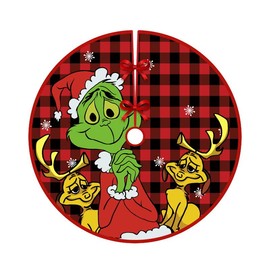 90cm Christmas Tree Skirt Base Floor Mat Cartoon Santa Xmas Party Ornament Decor, Grinch & Reindeer Cheer