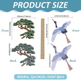 FINGERINSPIRE Pack of 4 Pine Tree Embroidery Patches Manchur's Crane for Iron-On Appliqué Tree Embroidery Sewing Patches Polyester Crane Fabric Patches Clothing Repair Decorative Patches for Jeans Hat