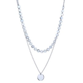 Vanbelle Sterling Silver Jewelry - Rhodium Plated with 925 Stamp - Double-Row Minimalist Choker and Medium Disc Pendant Necklace - 16" long + 2" Extender