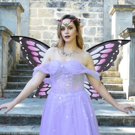 RENEMEGO Fairy Wings Costume Set - Elf Ears with Purple Floral Crown Blue Purple Butterfly Wings Fairy Costume for Adults Women Fantasy Renaissance Renfaire Photography Cosplay Accessories