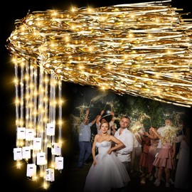 Simgoing 48 Pcs Lighted Wedding Fairy Wands LED Foil Tinsel Wedding Sticks LED Light Up Stick Glow in The Dark Flashing Wands Sparklers for Birthday Party Favors(Gold)
