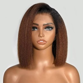 YILINHEXUAN Ombre Brown Short Kinky Straight Human Hair Wig 4C Kinky Edges 13x6 HD Lace Front Bob Wig Glueless Yaki Straight Blunt Cut Bob Wig with Natural Hairline for Women 12 Inch