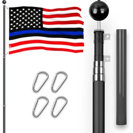 G128 Combo Pack: 16 Ft Telescoping Aluminum Flagpole (Black) & Blue Lives Matter Flag 3x5 Ft, ToughWeave Series Embroidered 210D Polyester | Pole with Flag Included