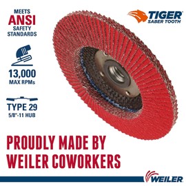 Weiler 50105 Saber Tooth 5/8"-11 Arbor, 4-1/2" Diameter, 40 Grit, Ceramic, Phenolic Backing, Angled Abrasive Flap Disc (Pack of 10)