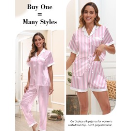EPLAZA 3 Piece Silk Pajamas for Women Set Satin Pajama Short Sleeve Button Down Cute Silk Pjs Sets Loungewear Sleepwear (Pink-striped, S)