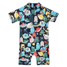 Cadocado Toddler Swimsuit One Piece Baby Boy Rashguard Bathing Suit Infant Boys Zipper Short Sleeve Swimwear, 9-12Months