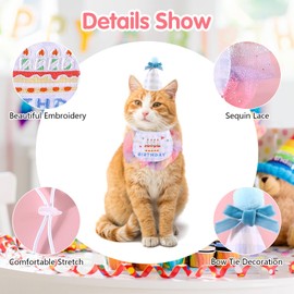 2Pcs Pet Happy Birthday Hat Scarf Set Cute Embroidered Cat Bandana Outfit Pet Bowknot Cone Hat Cat Plaid Pattern Princess Costumes Dog Lace Bib Pet Party Supplies Decoration (Blue)