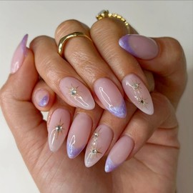 Nude Purple 3D Rhinestones Fake Nails Press On Nails Medium Long Almond,Glossy with Designs Full Cover Acrylic Glue on Nails False Nails Thick French Tip Stick on Nails for Women 24Pcs FZ075-B7