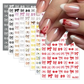 8 Sheets Colorful Bow Nail Art Stickers 3D Self-Adhesive Nail Decals Simple Cute Bow Nail Decoration Black White Pink Silver Golden Bows Nail Design French Pegatinas Uñas for Women Girls DIY Manicure