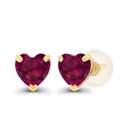 Solid 14K Yellow Gold 5mm Heart Created Red Ruby July Birthstone Genuine Stud Earrings For Women