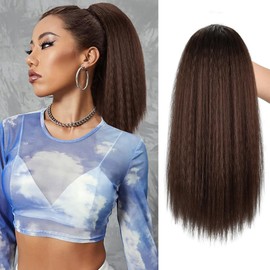 MODSIGHT Yaki Straight Ponytail Extension for Black Women, 14 Inch Medium Brown Fluffy Thick Synthetic Yaki Ponytails, Drawstring Yaki Ponytail for Black Women Girls (Medium Brown 4)