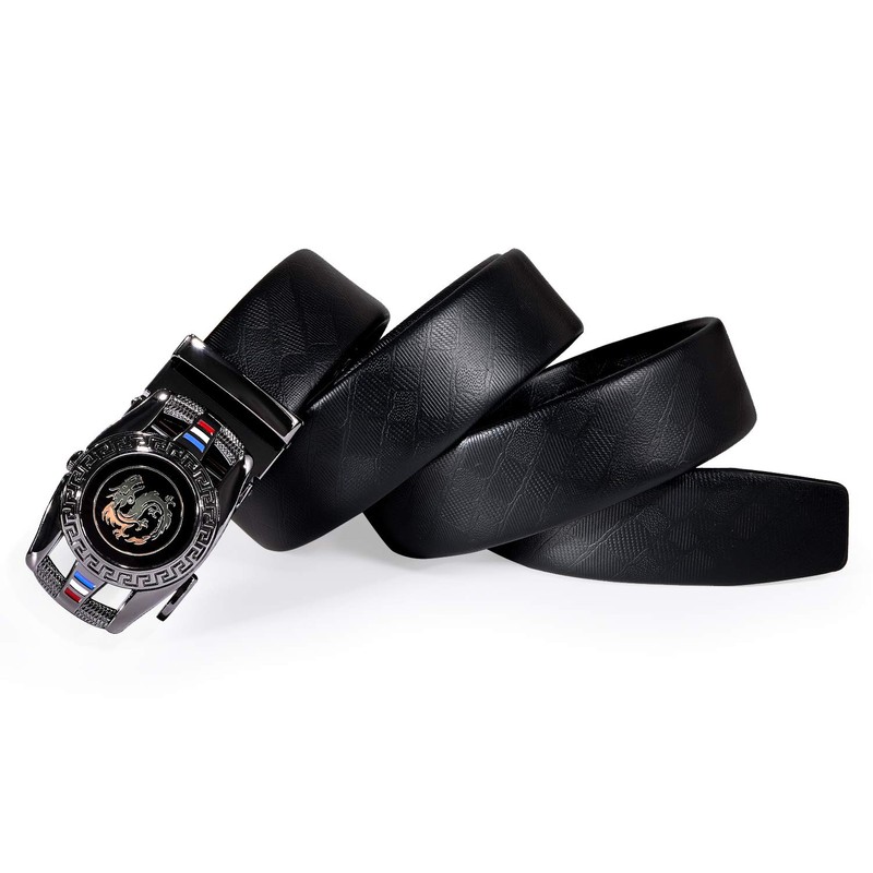 Barry.Wang Black Belt for Men Dragon Designer Buckle Chinese Sliding