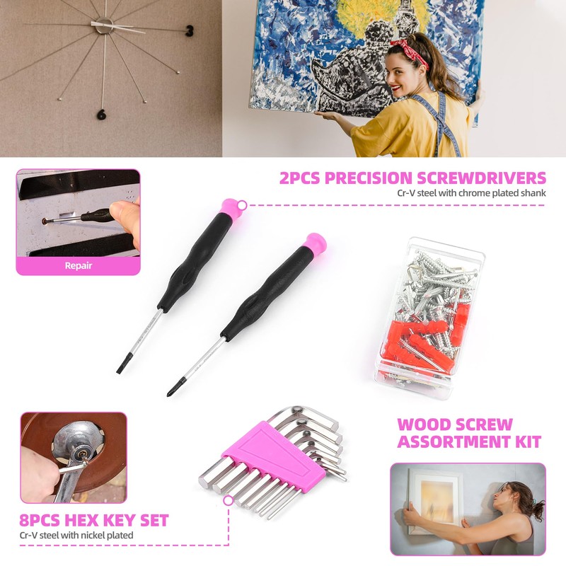 URASISTO 123 Piece Pink Household Tool Set with 3.6V USB