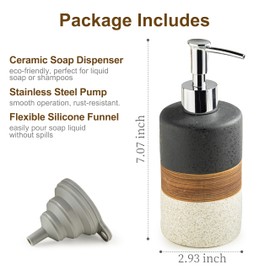 Cormomu Dish Soap Dispenser Set with Silicone Funnel, Hand Soap, Shampoo, Body Wash, Ceramic Liquid Soap Dispenser for Kitchen and Bathroom Countertops, Stainless Steel Pump, Non Slip, 12 Oz, Black