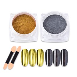 Black Mirror Powder Metallic Chrome Powder,2 Jars Gold Black Nail Art Mirror Glitter Effect Chrome Pigment Dust Manicure Tips with Sponge Applicators
