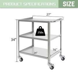 Hally Stainless Steel Utility Cart 3 Tier NSF Commercial Heavy Duty Metal Mobile Food Rolling Cart with Handle and Wheels for Kitchen, Restaurant, Hospital, Laboratory and Home, 24" L x 16" W x 34" H