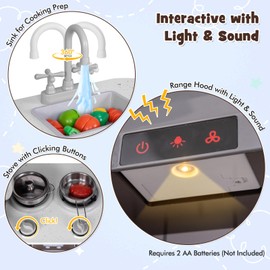 Costzon 2-Piece Play Kitchen for Kids, Wooden Toy Kitchen Set with Washing Machine, Range Hood, Ice Maker, Blackboard, Pretend Telephone, Kids Kitchen Playset with Sounds & Lights, Gift for Ages 3+