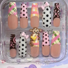 Ausora Nail Cute Monkey Plaid Polka Press On Nails – Playful 3D Design with Banana & Bow for Effortless Glamour:_M_Long Almond