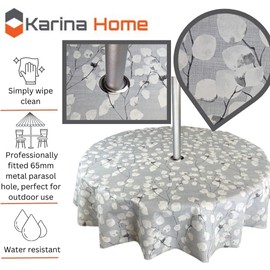 Karina Home Round Outdoor Garden Tablecloth with Parasol Umbrella Hole Grey Floral Leaf Wipe Clean Round 138cm