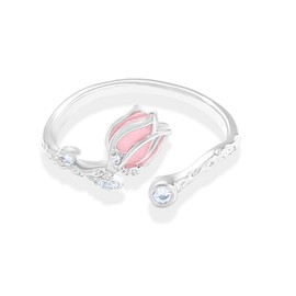 Pink Tulip Flower Ring for Women Cat Eye Stone Floral Wrap Finger Band Open Statement Ring Dainty Stacking Eternity Rings Bands Adjustable Jewelry