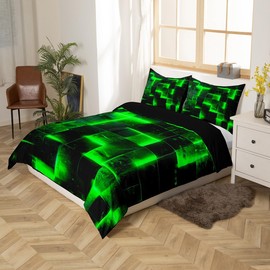 Green Black Bed Set, 3D Glowing Buffalo Duvet Cover, 135 x 200 cm, Modern Abstract Art Bed Linen Sets, Geometric Plaid Comforter Cover, Gradient Futuristic Cubes Duvet Cover (Black Reversible)
