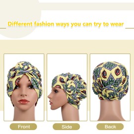 6 Pieces Women African Turban Flower Knot Pre-Tied Bonnet Beanie Cap Headwrap (Purple Yellow Flower)